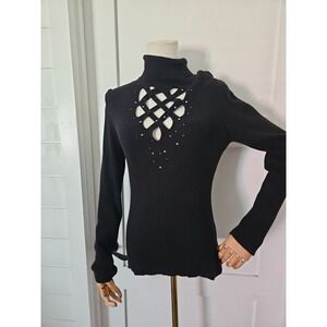 Caché Silk Cashmere Turtleneck Sweater Medium Black Rhinestone Whimsigoth